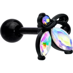 16 Gauge 1/4 Aurora CZ Gem Black Fleur De Lis Butterfly Cartilage Tragus Earring