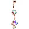 Aurora Gem Rose Gold Tone Fleur De Lis Butterfly Dangle Belly Ring
