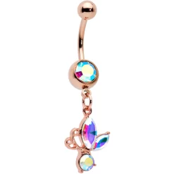 Aurora Gem Rose Gold Tone Fleur De Lis Butterfly Dangle Belly Ring