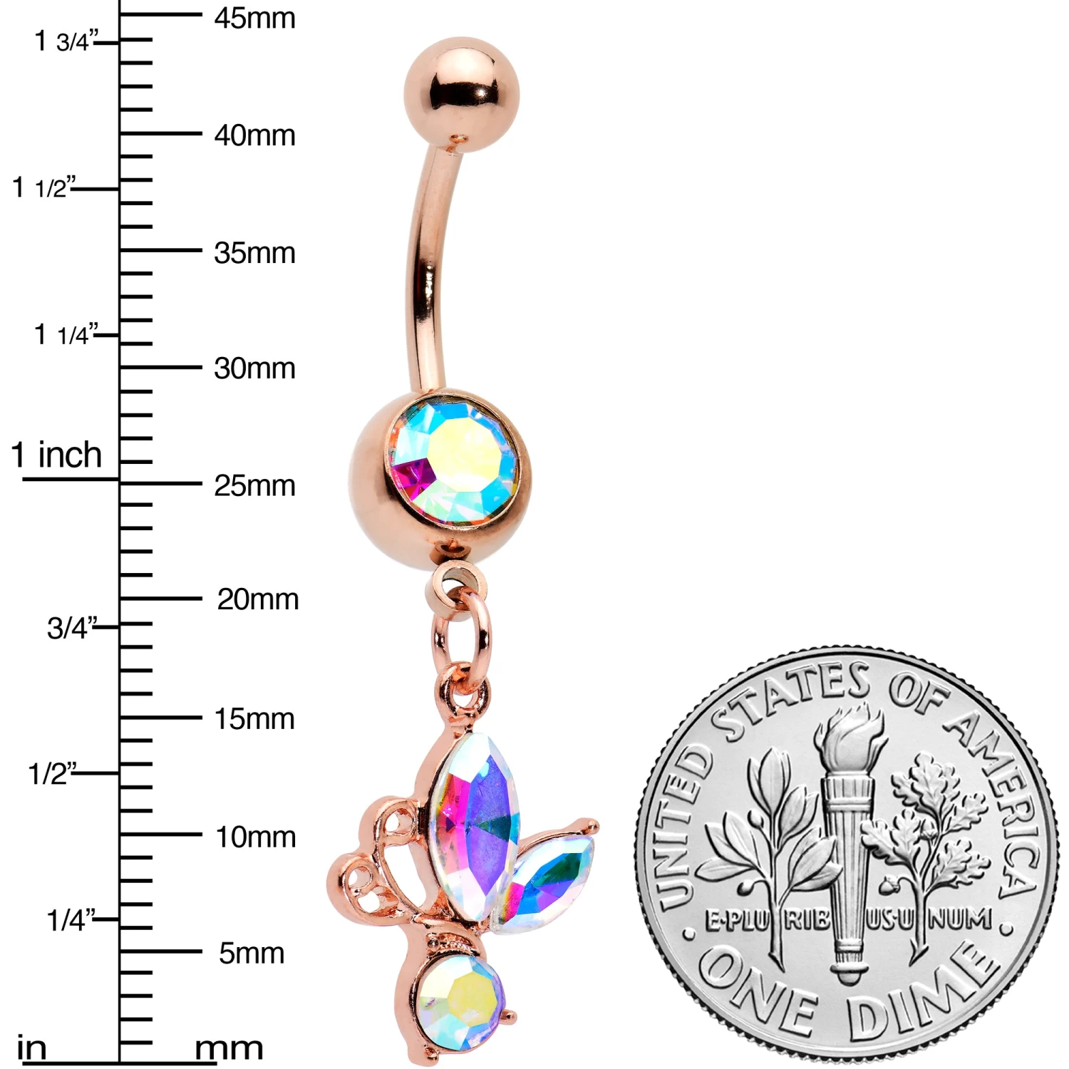 Aurora Gem Rose Gold Tone Fleur De Lis Butterfly Dangle Belly Ring 2 Aurora Gem Rose Gold Tone Fleur De Lis Butterfly Dangle Belly Ring - Image 2