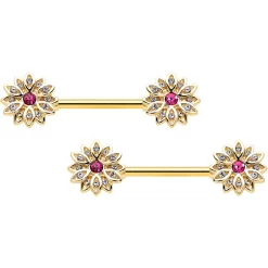 14 Gauge 9/16 Clear Pink Gem Gold Tone Starry Flower Nipple Ring Set