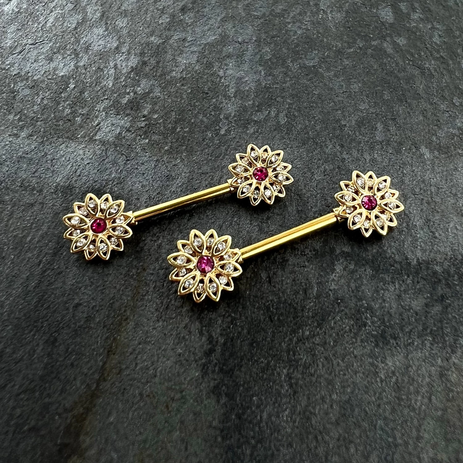 14 Gauge 9/16 Clear Pink Gem Gold Tone Starry Flower Nipple Ring Set 4 14 Gauge 9/16 Clear Pink Gem Gold Tone Starry Flower Nipple Ring Set - Image 4