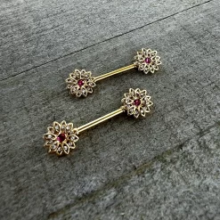 14 Gauge 9/16 Clear Pink Gem Gold Tone Starry Flower Nipple Ring Set 12 14 Gauge 9/16 Clear Pink Gem Gold Tone Starry Flower Nipple Ring Set -Body Jewelry Store 75383.otherimage4