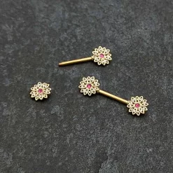 14 Gauge 9/16 Clear Pink Gem Gold Tone Starry Flower Nipple Ring Set 13 14 Gauge 9/16 Clear Pink Gem Gold Tone Starry Flower Nipple Ring Set -Body Jewelry Store 75383.otherimage5