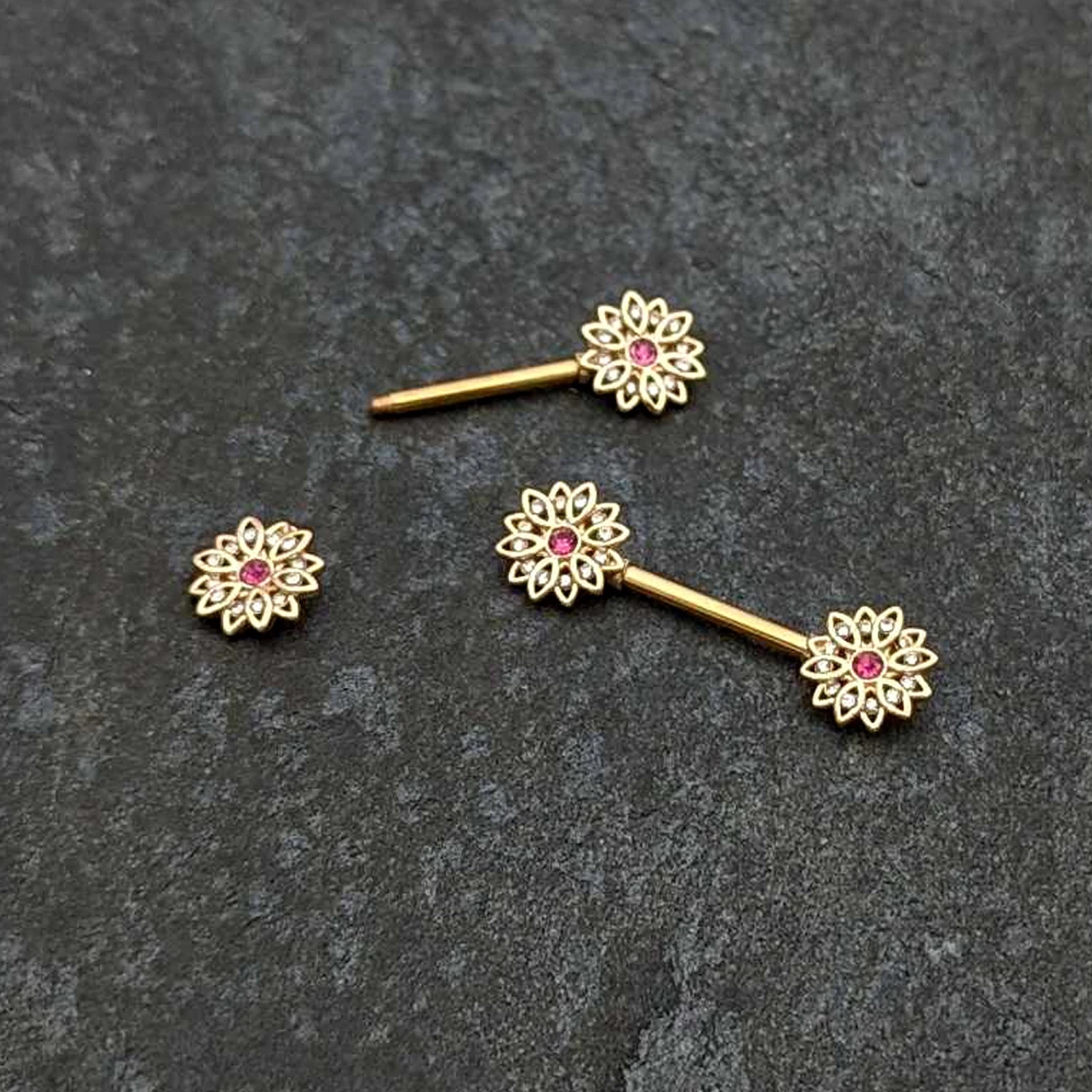 14 Gauge 9/16 Clear Pink Gem Gold Tone Starry Flower Nipple Ring Set 6 14 Gauge 9/16 Clear Pink Gem Gold Tone Starry Flower Nipple Ring Set - Image 6