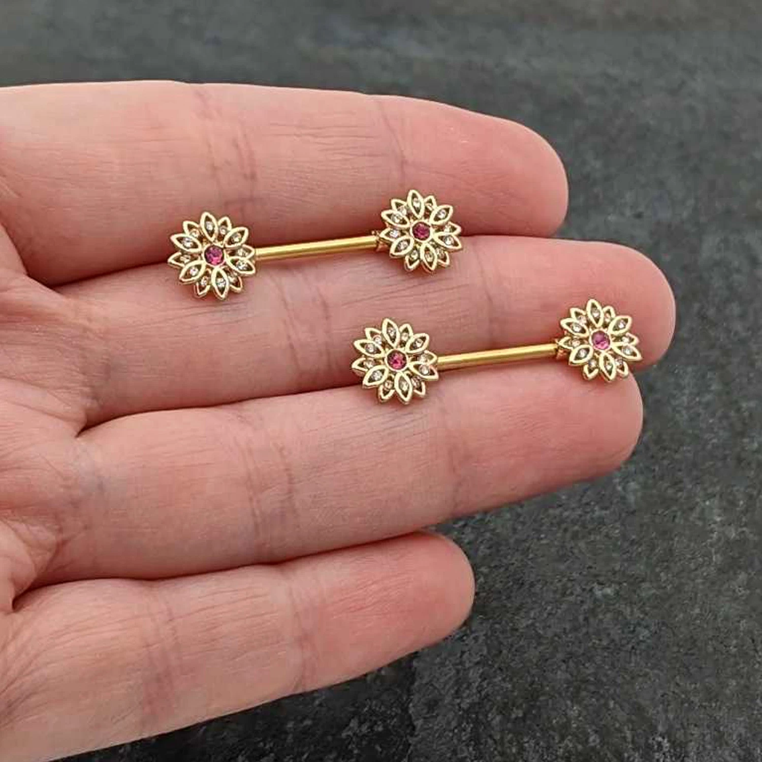 14 Gauge 9/16 Clear Pink Gem Gold Tone Starry Flower Nipple Ring Set 7 14 Gauge 9/16 Clear Pink Gem Gold Tone Starry Flower Nipple Ring Set - Image 7