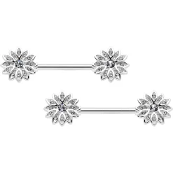 14 Gauge 9/16 Clear Gem Rococo Starry Flower Barbell Nipple Ring Set