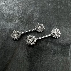 14 Gauge 9/16 Clear Gem Rococo Starry Flower Barbell Nipple Ring Set -Body Jewelry Store 75386.otherimage3