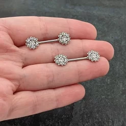 14 Gauge 9/16 Clear Gem Rococo Starry Flower Barbell Nipple Ring Set -Body Jewelry Store 75386.otherimage6