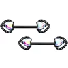 14Gauge 9/16 Aurora Gem Black Rococo Heart Barbell Nipple Ring Set