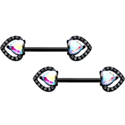 14Gauge 9/16 Aurora Gem Black Rococo Heart Barbell Nipple Ring Set