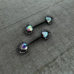 14Gauge 9/16 Aurora Gem Black Rococo Heart Barbell Nipple Ring Set -Body Jewelry Store 75406.otherimage4