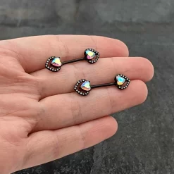 14Gauge 9/16 Aurora Gem Black Rococo Heart Barbell Nipple Ring Set -Body Jewelry Store 75406.otherimage6