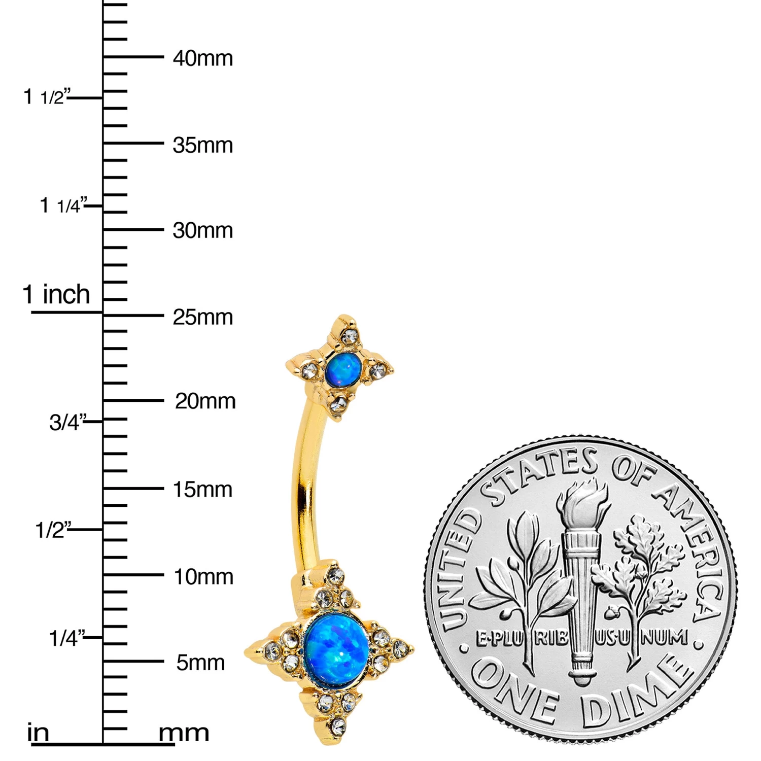 Blue Synthetic Opal Gold Tone Rhombus Duo Double Mount Belly Ring 2 Blue Synthetic Opal Gold Tone Rhombus Duo Double Mount Belly Ring - Image 2