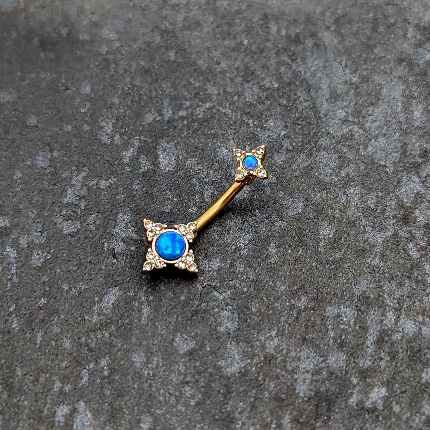 Blue Synthetic Opal Gold Tone Rhombus Duo Double Mount Belly Ring 4 Blue Synthetic Opal Gold Tone Rhombus Duo Double Mount Belly Ring - Image 4