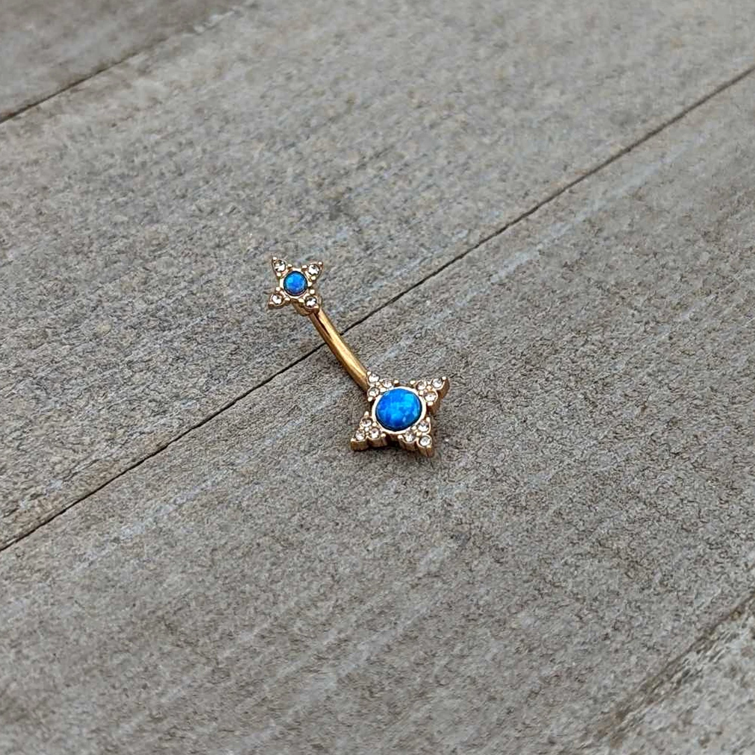 Blue Synthetic Opal Gold Tone Rhombus Duo Double Mount Belly Ring 5 Blue Synthetic Opal Gold Tone Rhombus Duo Double Mount Belly Ring - Image 5