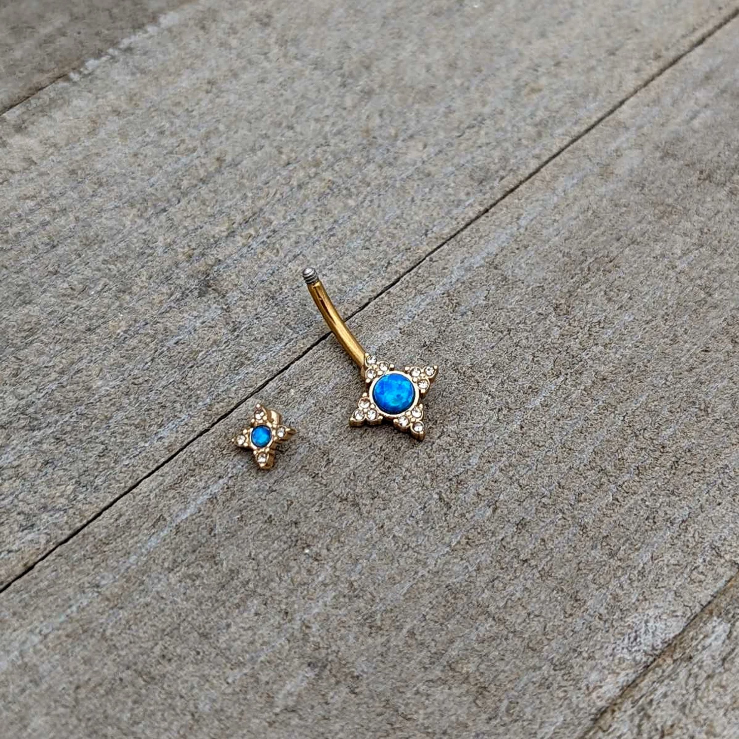 Blue Synthetic Opal Gold Tone Rhombus Duo Double Mount Belly Ring 6 Blue Synthetic Opal Gold Tone Rhombus Duo Double Mount Belly Ring - Image 6