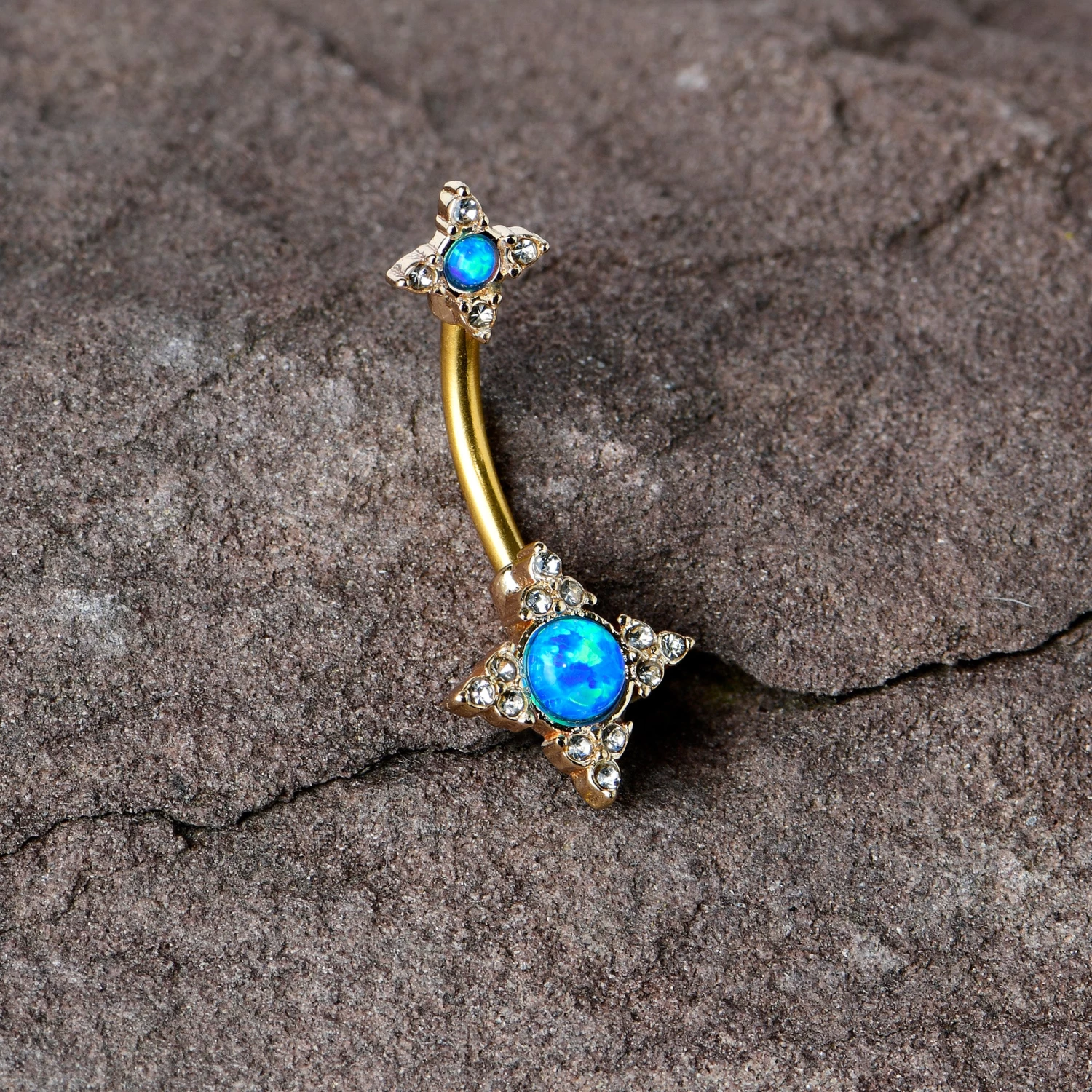 Blue Synthetic Opal Gold Tone Rhombus Duo Double Mount Belly Ring 7 Blue Synthetic Opal Gold Tone Rhombus Duo Double Mount Belly Ring - Image 7