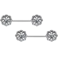 14 Gauge 9/16 Clear Gem Epic Fabulous Flower Barbell Nipple Ring Set