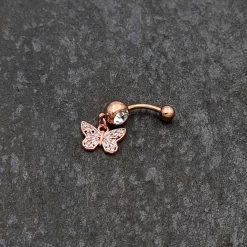 Clear Gem Rose Gold Tone Baroque Butterfly Rococo Dangle Belly Ring -Body Jewelry Store 75551.otherimage3