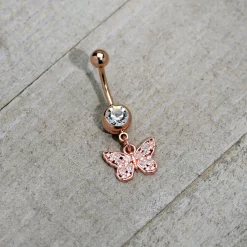 Clear Gem Rose Gold Tone Baroque Butterfly Rococo Dangle Belly Ring -Body Jewelry Store 75551.otherimage4