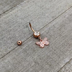Clear Gem Rose Gold Tone Baroque Butterfly Rococo Dangle Belly Ring -Body Jewelry Store 75551.otherimage5