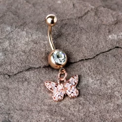 Clear Gem Rose Gold Tone Baroque Butterfly Rococo Dangle Belly Ring -Body Jewelry Store 75551.otherimage6