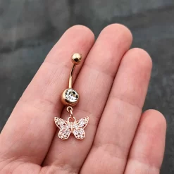 Clear Gem Rose Gold Tone Baroque Butterfly Rococo Dangle Belly Ring -Body Jewelry Store 75551.otherimage7