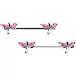 14 Gauge 5/8 Pink Gem Simple Styled Dragonfly Barbell Nipple Ring Set