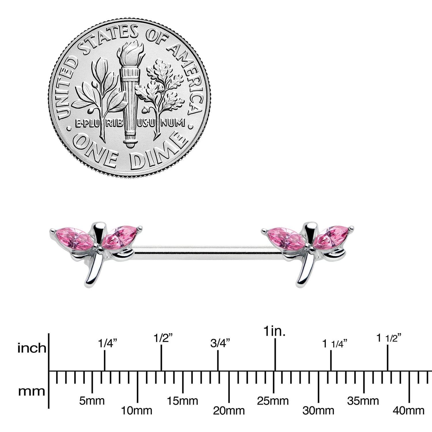 14 Gauge 5/8 Pink Gem Simple Styled Dragonfly Barbell Nipple Ring Set 3 14 Gauge 5/8 Pink Gem Simple Styled Dragonfly Barbell Nipple Ring Set - Image 3