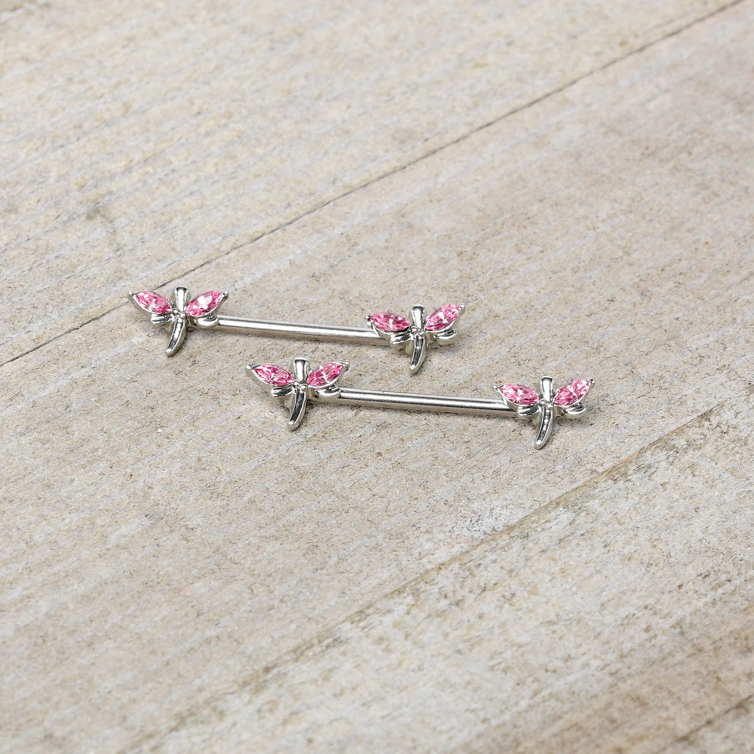 14 Gauge 5/8 Pink Gem Simple Styled Dragonfly Barbell Nipple Ring Set 4 14 Gauge 5/8 Pink Gem Simple Styled Dragonfly Barbell Nipple Ring Set - Image 4