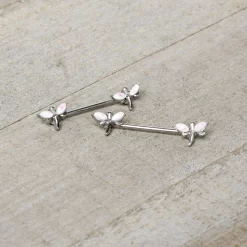 14 Gauge 5/8 White Faux Opal Styled Dragonfly Barbell Nipple Ring Set -Body Jewelry Store 75655 WH.otherimage3