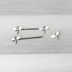 14 Gauge 5/8 White Faux Opal Styled Dragonfly Barbell Nipple Ring Set -Body Jewelry Store 75655 WH.otherimage5