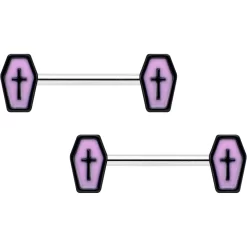 14 Gauge 9/16 Creepy Coffin Lt Purple Glow In The Dark Nipple Ring Set