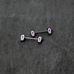 14 Gauge 9/16 Creepy Coffin Lt Purple Glow In The Dark Nipple Ring Set -Body Jewelry Store 75671.otherimage4