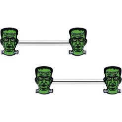 14 Gauge 9/16 Frankenstein Head Green Glow In The Dark Nipple Ring Set