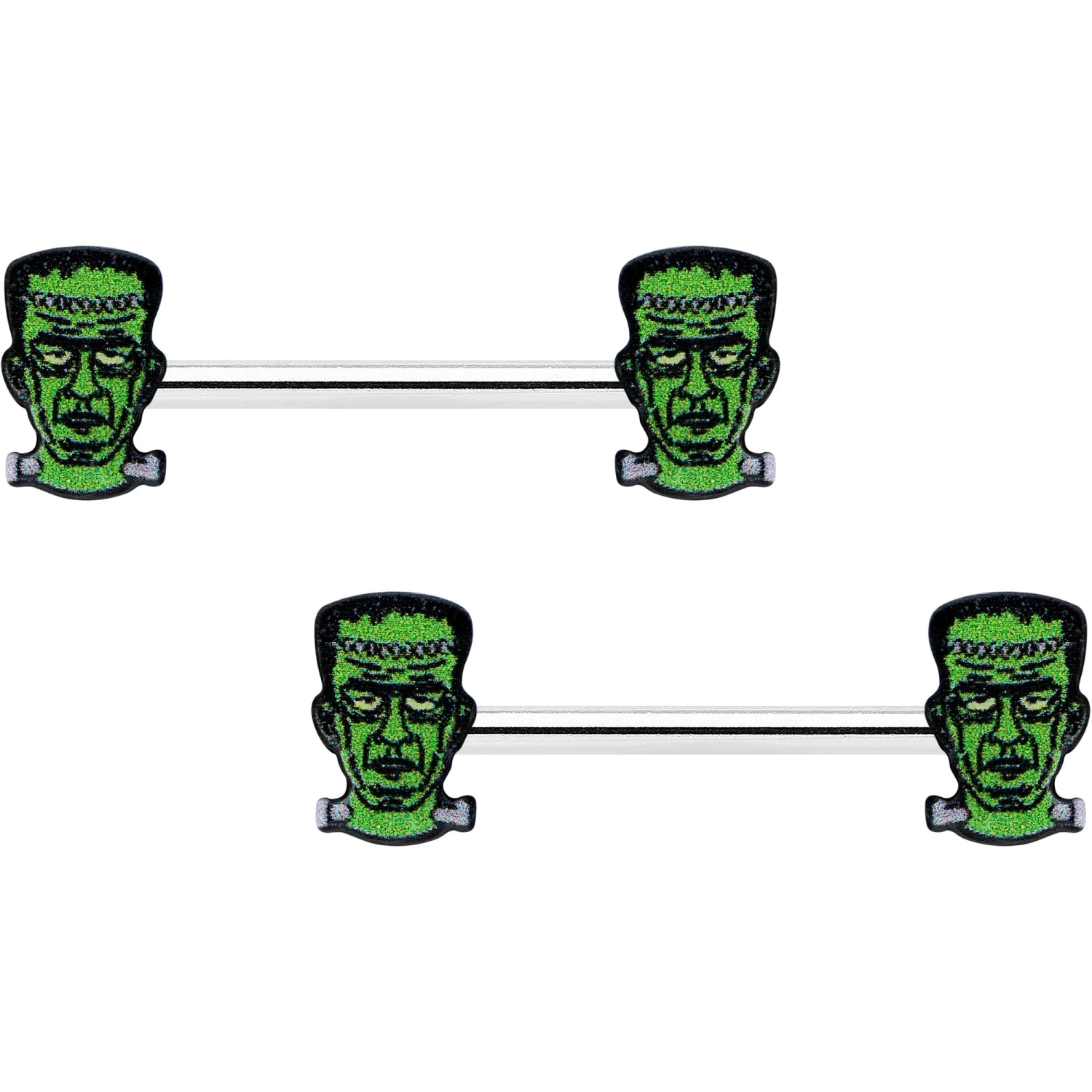 14 Gauge 9/16 Frankenstein Head Green Glow In The Dark Nipple Ring Set 1 14 Gauge 9/16 Frankenstein Head Green Glow In The Dark Nipple Ring Set