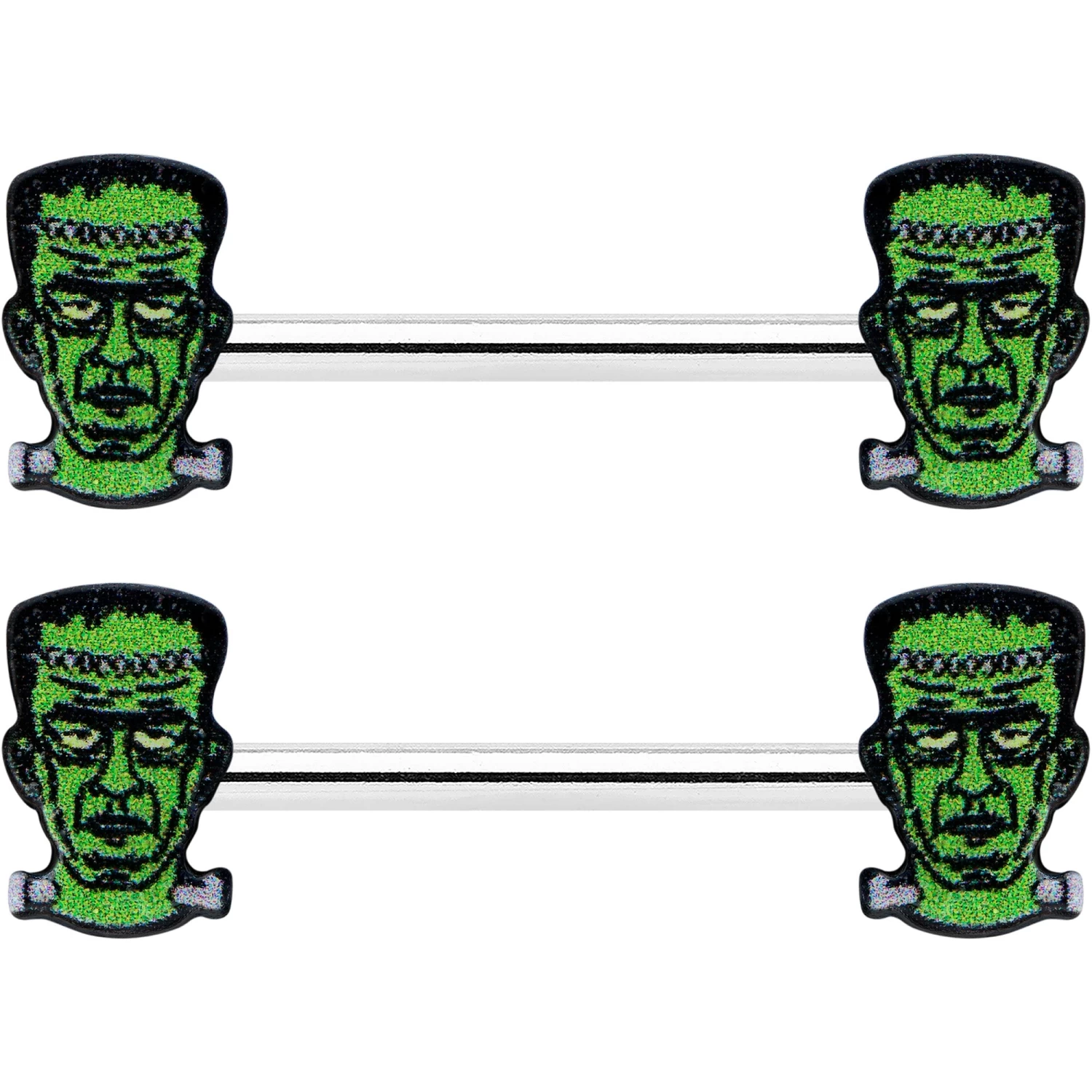14 Gauge 9/16 Frankenstein Head Green Glow In The Dark Nipple Ring Set 2 14 Gauge 9/16 Frankenstein Head Green Glow In The Dark Nipple Ring Set - Image 2