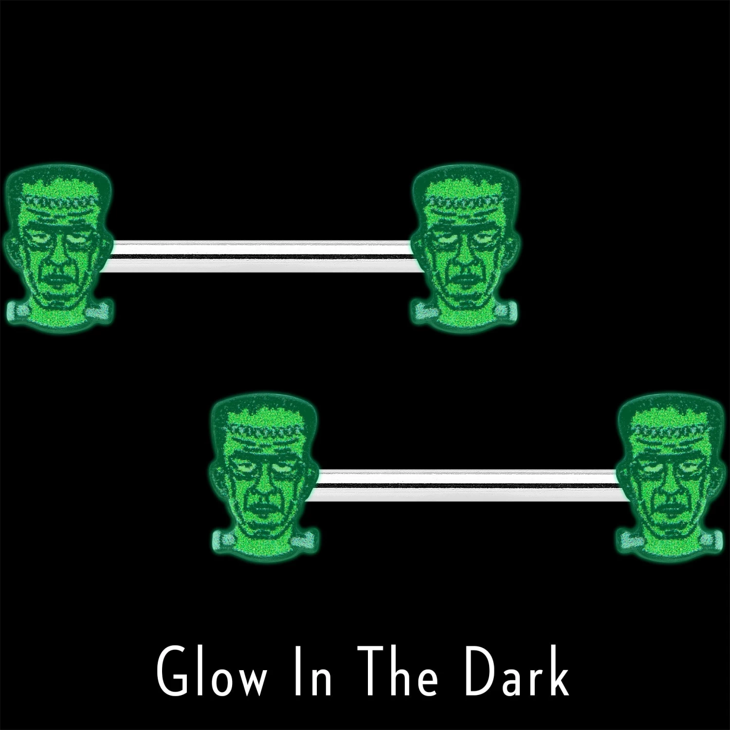 14 Gauge 9/16 Frankenstein Head Green Glow In The Dark Nipple Ring Set 3 14 Gauge 9/16 Frankenstein Head Green Glow In The Dark Nipple Ring Set - Image 3