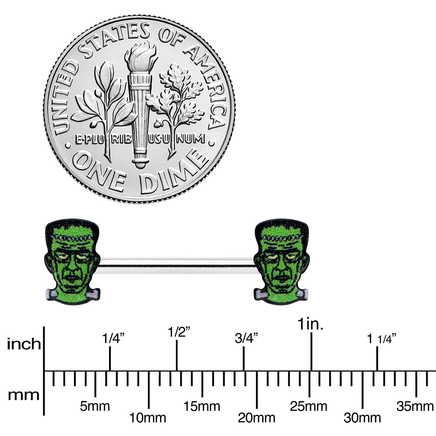 14 Gauge 9/16 Frankenstein Head Green Glow In The Dark Nipple Ring Set 4 14 Gauge 9/16 Frankenstein Head Green Glow In The Dark Nipple Ring Set - Image 4