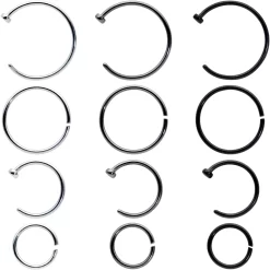 20 Gauge 12 Pack ASTM F-136 Titanium Hoop Nose Ring Septum Cartilage Ear Hoop Earring Set
