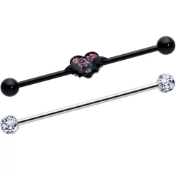 Gaby 14 Gauge Black Bat Heart Halloween Clear Industrial Barbell 38mm Set Of 2