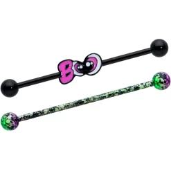 Gaby 14 Gauge Black Halloween Pink Boo Green Industrial Barbell 38mm Set Of 2