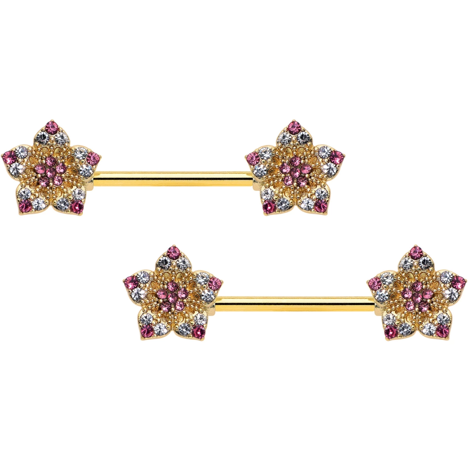 14 Gauge 9/16 Pink Gem Gold Tone Texture Star Barbell Nipple Ring Set 1 14 Gauge 9/16 Pink Gem Gold Tone Texture Star Barbell Nipple Ring Set