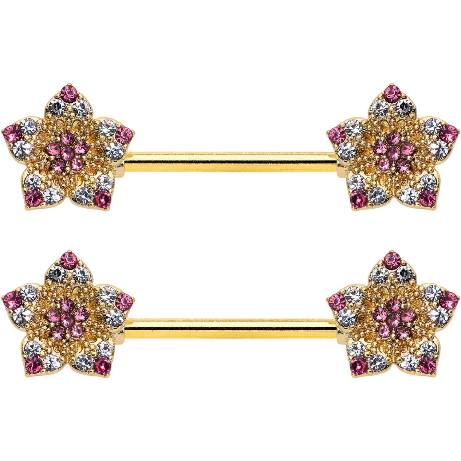 14 Gauge 9/16 Pink Gem Gold Tone Texture Star Barbell Nipple Ring Set 8 14 Gauge 9/16 Pink Gem Gold Tone Texture Star Barbell Nipple Ring Set - Image 8