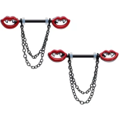 Gaby 14 Gauge 11/16 Black Vampire Fangs Chain Dangle Nipple Ring Set