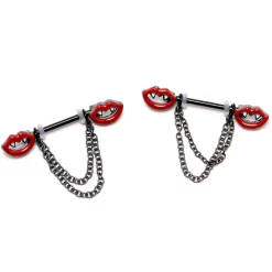 Gaby 14 Gauge 11/16 Black Vampire Fangs Chain Dangle Nipple Ring Set -Body Jewelry Store 75992.otherimage3