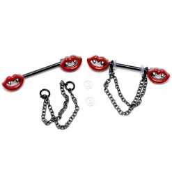 Gaby 14 Gauge 11/16 Black Vampire Fangs Chain Dangle Nipple Ring Set -Body Jewelry Store 75992.otherimage5