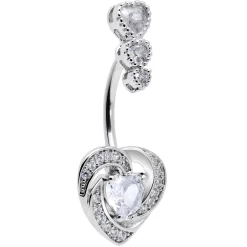 Gaby Clear CZ Gem Triple Drop Swirl Heart Valentine Double Mount Belly Ring