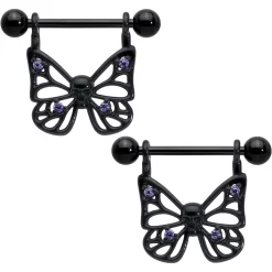 Gaby 14 Gauge 11/16 Purple CZ Gem Black Skull Butterfly Dangle Nipple Ring Set